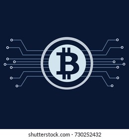 Bitcoin crypto currency coin blockchain flat logo. Block chain bitcoin sticker for web or print.