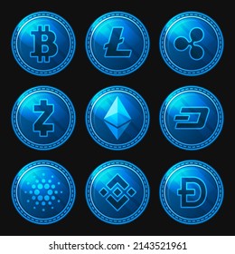 Bitcoin and Crypto Currency Coin Icons Set. Vector
