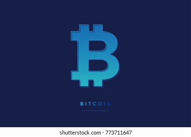 Bitcoin crypto currency coin on blue background. Symbol of internet money. Blockchain technology. Vector illustration. 