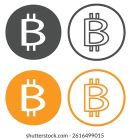 Bitcoin Crypto currency coin symbol. Coin in flat and in outline style and filled. Vector illustration.