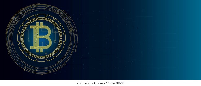 Bitcoin crypto currency coin. Vector illustration. Dark blue horizontal background for presentations and web sites.