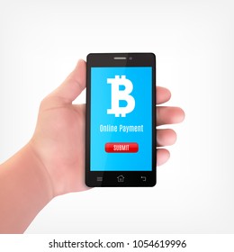 Bitcoin crypto currency concept. Hand holding mobile phone with bitcoin sign on a screen. Virtual payment system. EPS10 vector