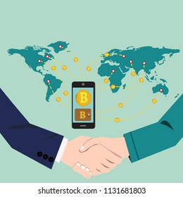 Bitcoin Crypto Currency Concept. Hand Holding smartphone with bitcoin currency. Sharing and payment around the world. Web Banner. Vector illustration. EPS 10