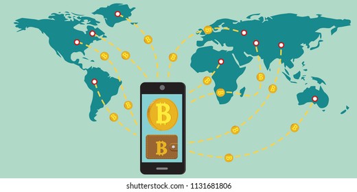 Bitcoin Crypto Currency Concept. Hand Holding smartphone with bitcoin currency. Sharing and payment around the world. Web Banner. Vector illustration. EPS 10