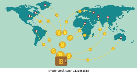 Bitcoin Crypto Currency Concept. Hand Holding smartphone with bitcoin currency. Sharing and payment around the world. Web Banner. Vector illustration. EPS 10