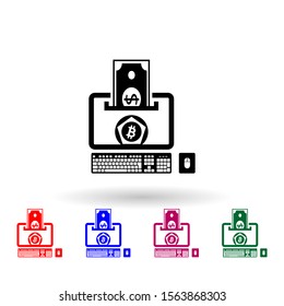 Bitcoin and crypto currency concept with laptop and mining digital money multi color icon. Simple glyph, flat vector of cryptocurrency icons for ui and ux, website or mobile