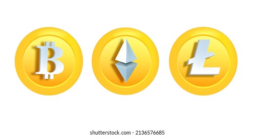 Concepto de dinero digital de criptografía de moneda de Bitcoin, signo de Litecoin en blanco, vector Ethereum dorden coin. transacción en línea de pago por Internet, ilustración comercial de blockchain finance. Clipart de Bitcoin