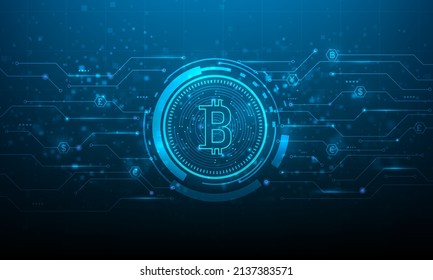 bitcoin crypto currency digital technology on circuit board .blue dark background. money global market exchange  in future. Finance token online Systems. vector illustration abstract futuristic.