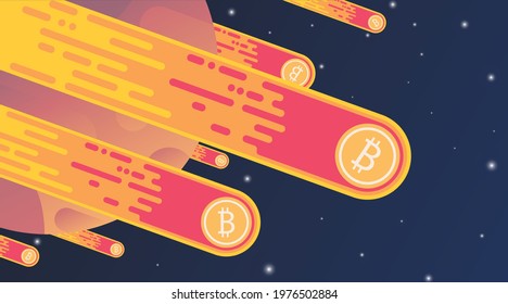 Bitcoin crypto currency fall down from the moon like a meteor; price drop. Concept of exchange money through blockchain. Flat art vector illustration.