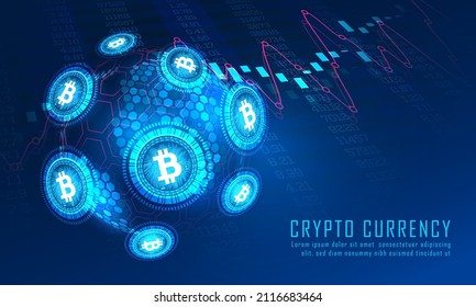 Bitcoin crypto currency flying around futuristic global with trading indicators concept.