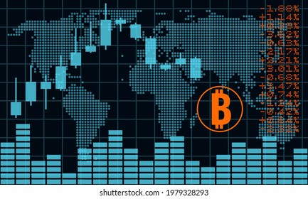 bitcoin crypto currency graphs and indicators, vector illustration with world map background