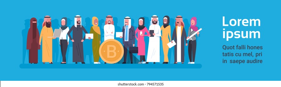 Bitcoin Crypto Currency Group Of Arab People Over Golden Digital Cryptocurrency Coin Horizontal Banner With Copy Space Flat Vector Illustration