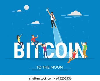 Bitcoin crypto currency growing concept vector illustration of young people celebrating of bitcoin growth. Flat design of new blockchain technology start and positive progress to the moon