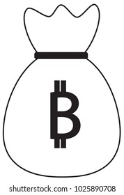 Bitcoin crypto currency icon or logo vector over a money bag. Symbol for bank or banking on a  digital economy with virtual cash and currencies used for commerce payment and financial network.