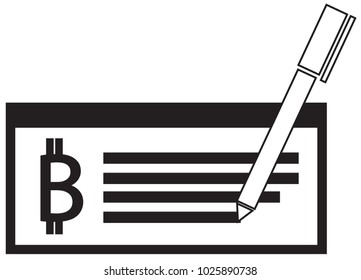 Bitcoin crypto currency icon or logo vector on a pay check or cheque with a pen writing. Digital economy bank or banking with Virtual cash and currencies used for commerce payment.