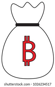 Bitcoin Krypto Währung Symbol oder Logo Vektorgrafik über eine Geldtasche. Symbol für Bank- oder Bankgeschäfte in einer digitalen Wirtschaft mit virtuellem Bargeld und Währungen, die für Zahlungen im Handel und Finanznetz verwendet werden.