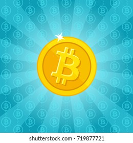 Bitcoin crypto currency icon. Vector illustration of cartoon flat golden Bitcoin on a digital light blue background. Isolated on background.