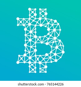 Bitcoin crypto currency, logo with a net. Blockchain stylized sign. Money and finance symbol cryptocurrency. Vector Illustration isolated on white background.