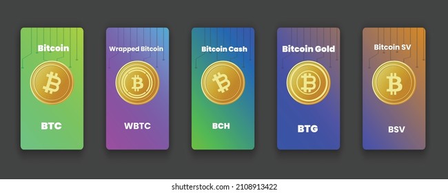 Logo de la moneda de Bitcoin Crypto en la moneda de oro junto con altoines como Wrapped, cash, Gold y Bitcoin SV. Las monedas de BTC, WBTC, BCH, BTG, BSV en un colorido vector temático de la tarjeta ilustran el diseño. 