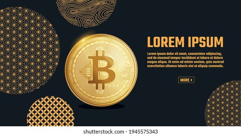 bitcoin crypto currency mining eps vector slider banner design template. Luxury abstract background, golden lines on dark, modern black backdrop concept 3d style.