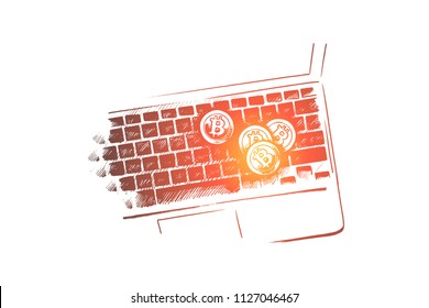 Bitcoin,  crypto currency, mining, money concept. Hand drawn cryptocurrency coins on laptop concept sketch. Isolated vector illustration.