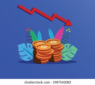 Die Bitcoin-Krypto-Währungsleistung des Finanzsystems ist rückläufig. Bitcoin Kurs. Die Linie des abnehmenden Trendpfeils in Form von Gleisen auf dem Board. Vektorgrafik