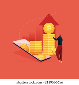 Bitcoin Crypto currency with pile of Coins come out from Smart Phone, Digital Currency Investment concept