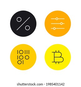 Bitcoin y moneda cripto. Conjunto de cuatro pequeñas insignias redondas. Iconos planos modernos con línea delgada. Archivo vector.