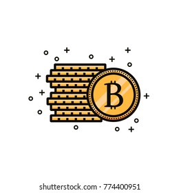 Bitcoin crypto currency sign with bunch of coins. Stack of bit coins flat color line icon on isolated background. Vitrtual or internet btc money symbol or sign.