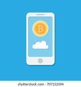 Bitcoin, crypto currency, smartphone. Vector flat illustration.