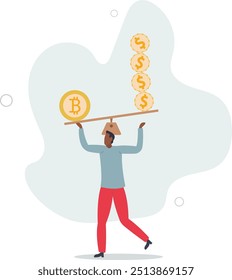 Bitcoin y criptomoneda almacenan valor en comparación con el dinero fiduciario en dólares, diseño plano con personas.