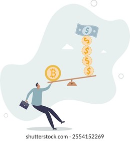 Bitcoin and crypto currency store of value compare to dollar fiat money, inflation reduce fiat value or investment asset choice concept.flat characters.