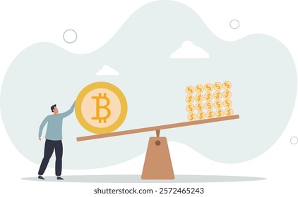 Bitcoin and crypto currency store of value compare to dollar fiat money, inflation reduce fiat value or investment asset choice conceptflat characters.