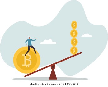 Bitcoin and crypto currency store of value compare to dollar fiat money, inflation reduce fiat value or investment asset choice.business concept.flat character.