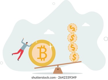 Bitcoin and crypto currency store of value compare to dollar fiat money, inflation reduce fiat value or investment asset choice concept. character life .