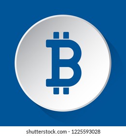 bitcoin crypto currency symbol - simple blue icon on white button with shadow in front of blue square background