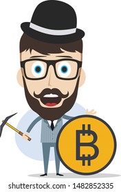 bitcoin crypto currency theme cartoon gentleman male man miner boy vector art artwork illustration