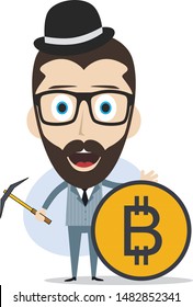 bitcoin crypto currency theme cartoon gentleman male man miner boy vector art artwork illustration
