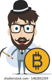 bitcoin crypto currency theme cartoon gentleman male man miner boy vector art artwork illustration