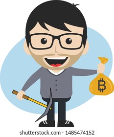 bitcoin crypto currency theme cartoon gentleman male man miner boy vector art artwork illustration