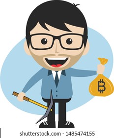 bitcoin crypto currency theme cartoon gentleman male man miner boy vector art artwork illustration