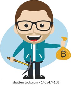 bitcoin crypto currency theme cartoon gentleman male man miner boy vector art artwork illustration