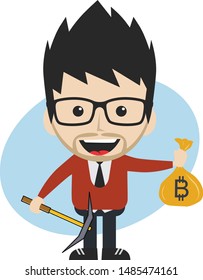 bitcoin crypto currency theme cartoon gentleman male man miner boy vector art artwork illustration