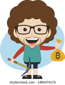 bitcoin crypto currency theme cartoon gentleman male man miner boy vector art artwork illustration