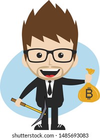 bitcoin crypto currency theme cartoon gentleman male man miner boy vector art artwork illustration