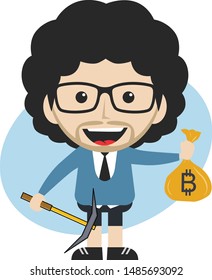 bitcoin crypto currency theme cartoon gentleman male man miner boy vector art artwork illustration
