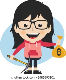 bitcoin crypto currency theme cartoon female woman miner girl vector art artwork illustration