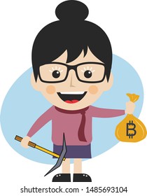 bitcoin crypto currency theme cartoon female woman miner girl vector art artwork illustration