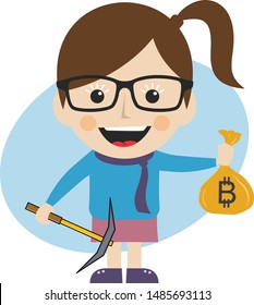 Bitcoin Crypto Currency Theme Cartoon Female Woman Miner Girl Vector Art Artwork Illustration