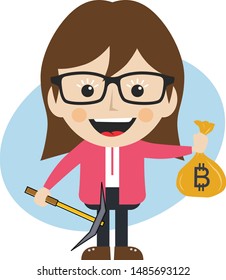 bitcoin crypto currency theme cartoon female woman miner girl vector art artwork illustration